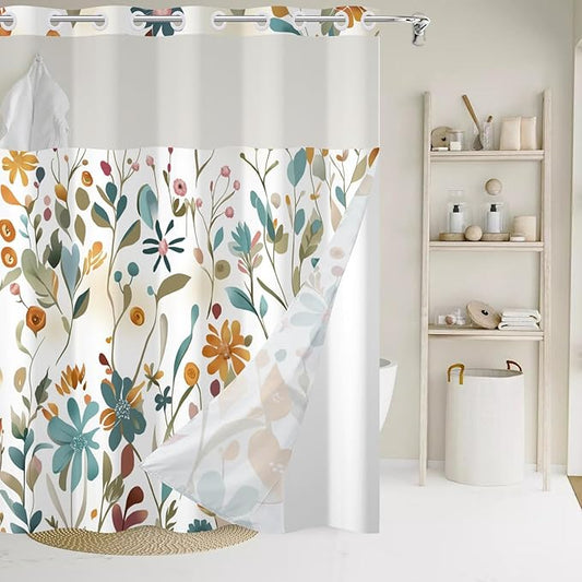 No Hook Shower Curtain with Snap in Liner, Colorful Flower Floral Heavy Duty See Through Window Waterproof Machine Washable Bathroom Curtain 71" W x 74" L (Pack of 1)