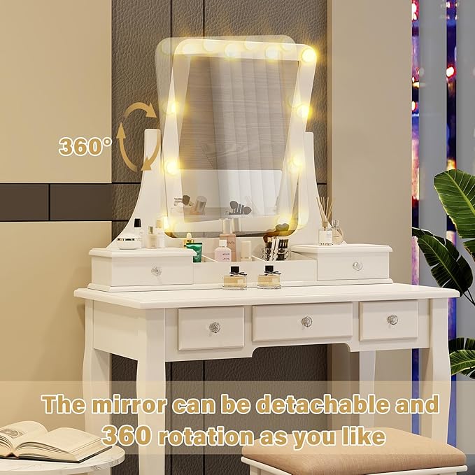 Make Vanity Desk with Lights and Mirror Makeup Vanity with Lights Bench Set Vanity Table with Lights with Drawers Vanity Mirror with Lights Desk and Chair