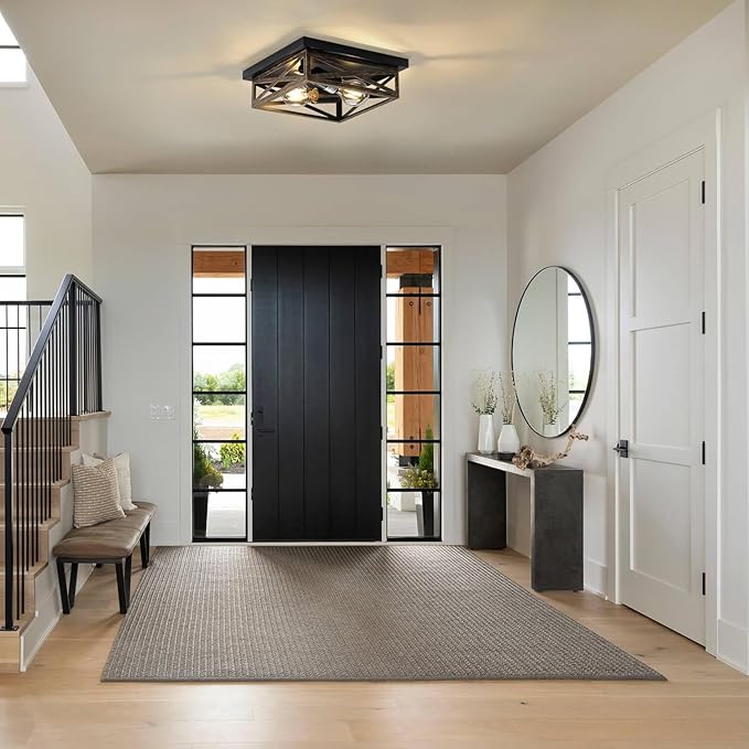 Rustic Flush Mount Ceiling Light Fixture, Modern Farmhouse Light Fixture, Kitchen Hallway Light Fixtures for Bedroom,Dining Room Entryway,Industrial Metal Cage Ceiling Light