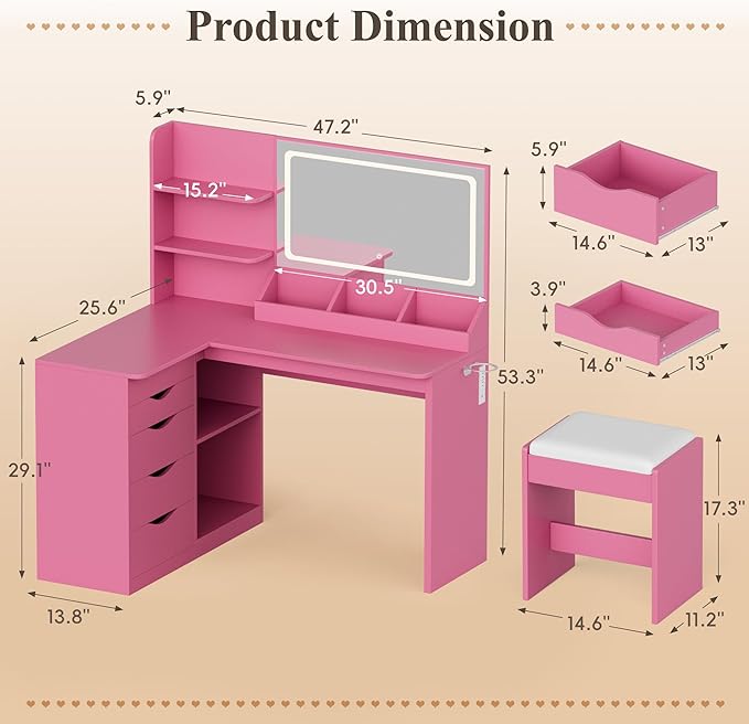 JUMMICO Makeup Vanity Desk with Mirror and Lights, L- Shaped Vanity, Modern Vanity Table with 5 Drawers & Adjustable Shelves, Power Outlet with Fast Charging, for Bedroom (Pink)