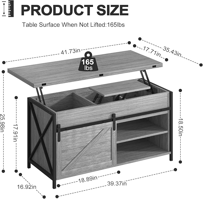 Lift Top Coffee Table with Storage and Sliding Door, 4 in 1 Multi-Function Convertible Tea Table with Hidden Compartment, Farmhouse Center Table with Wood Lift Tabletop for Living Room, Grey