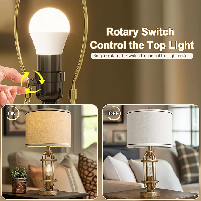 23.75'' Table Lamps Set of 2 for Living Room Bedroom Industrial Farmhouse Metal Touch Lamps with USB A+C Ports, Night Light Vintage Nightstand Bedside Lamp, Bulbs Included, Champagne Gold
