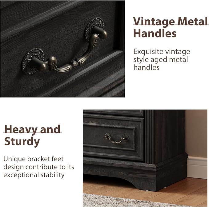 BLANKSPACE Black Dresser for Bedroom, Farmhouse 6 Drawers Dresser,Tall 6 Chest of Drawers Cabinet with Thickened Wood Carving for Home Office,Hallway