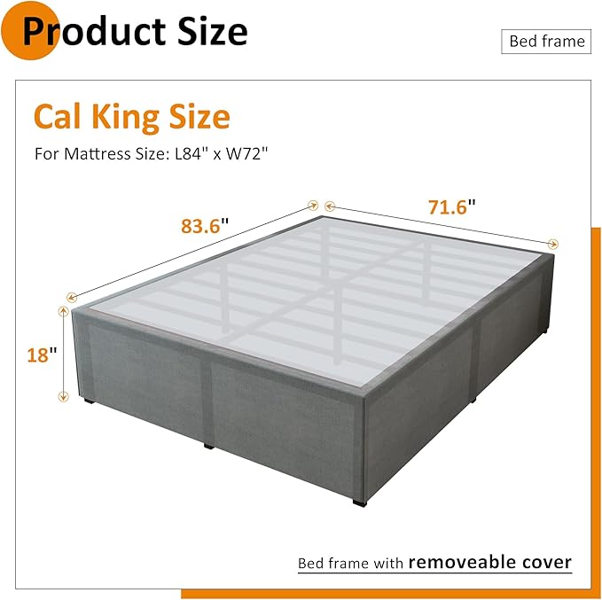California King Bed Frames with Fabric Cover, 18 Inch Heavy Duty Metal Platform Support Up to 3000 lbs with Steel Slat, No Box Spring Needed, Easy Assembly, Noise Free, Black
