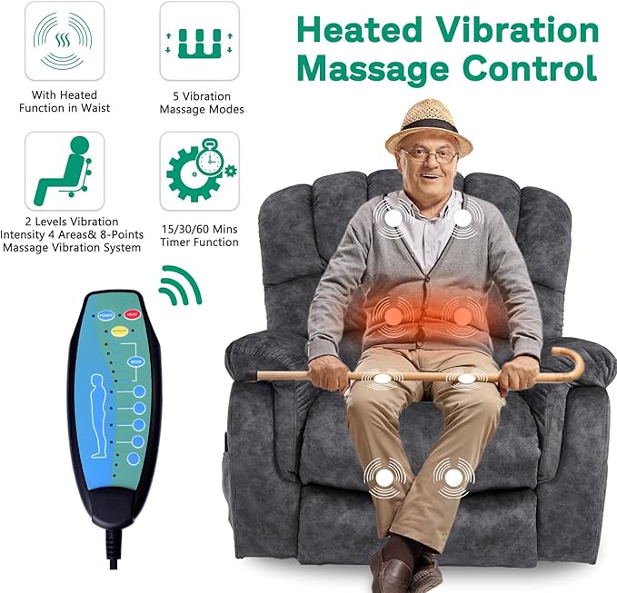 VIVIJASON Large Power Lift Recliner Chair with Heat & Massage for Elderly Big People, Overstuffed Wide Electric Lift Chair with Extended Footrest, 2 Remote Controls, Side Pockets & USB Ports, Gray
