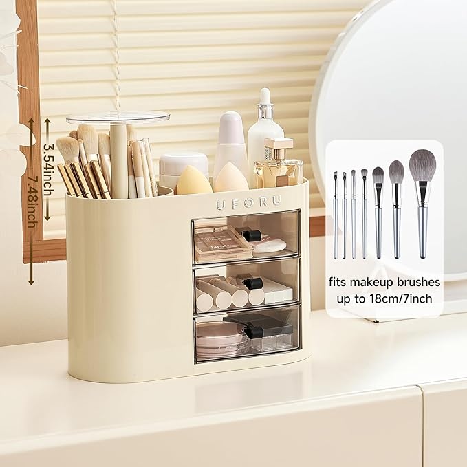 Makeup Organizer with Pop-Up Brush Holder for Dresser Vanity, Plastic Bathroom Counter Organizer with 3 Drawers & Dust-Proof Cover, Cosmetic Display Case for Lipstick, Skincare, Cream White