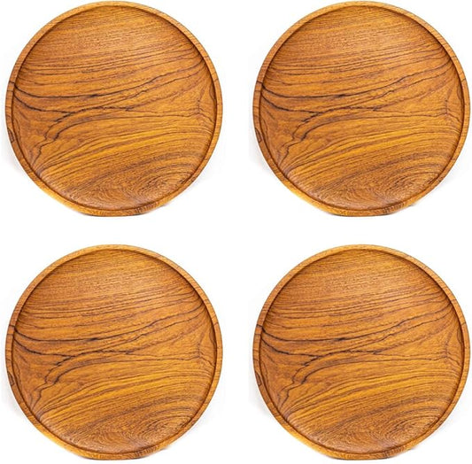 Rainforest Bowls Set of 4 10" Round Javanese Teak Wood Dinner Plates- Perfect for Everyday Use- Hot & Cold Friendly, Ultra-Durable, Premium Wooden Plates- Handcrafted by Indonesian Artisans