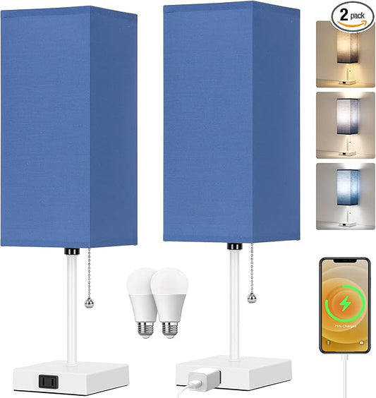 Table Lamp for Bedroom set of 2,3-Color Bedside Lamps with Pull Chain Table Lamps for Nightstand with AC Outlets,18'' Night Light Lamps with 2 Bulbs Lamps for Living Room Kids Office Decor（White-blue）