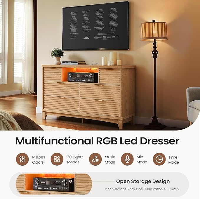 AOGLLATI Black Dresser for Bedroom with Slanted Louvre Design,Retro Chest of Drawers with Charging Station, Wooden Wide Led 6 Drawer Dresser for Bedroom,Living Room, Hallway, Wood