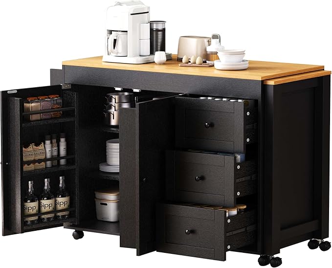 Rolling Kitchen Island on Wheels with Extendable Dining Table, Kitchen Storage Cart with 3 Drawers and Spice Rack, Black