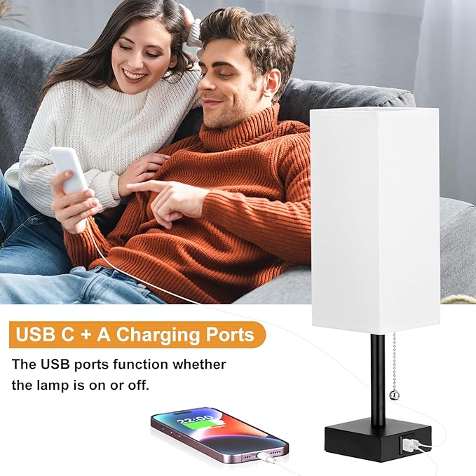 Bedside Table Lamps Set of 2 - Small White Bedroom Lamps with 3 Color Temperatures (3000K/5000K/4000K), Square Nightstand Lamp with USB C + A Charging Ports, Pull Chain Night Light