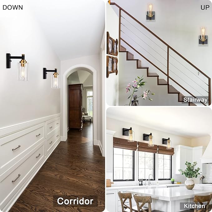 Black and Gold Wall Sconces Set of Two Bathroom Light Fixtures Brass Sconces Wall Lighting Modern Wall Light Fixtures with Glass Shade Rustic Wall Lamps for Bedroom Hallway Kitchen Living Room