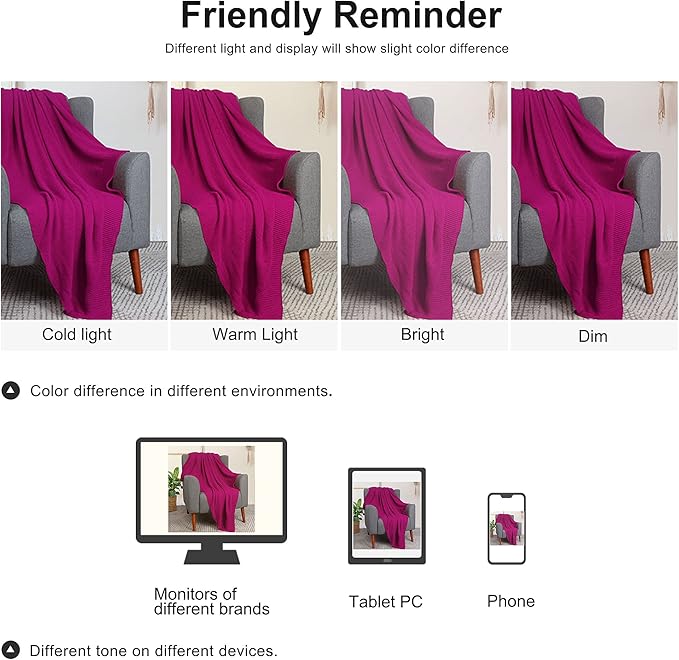 PiccoCasa 100% Cotton Knit Throw Blanket,Solid Lightweight Decorative Throws and Blankets,Soft Knitted Throw Blanket for Sofa Couch, Fuchsia 50" x 60"