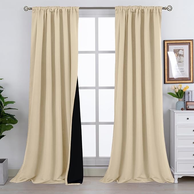 BGment Natural Full Blackout Curtains with Thermal Insulation Liner Curtains 108 Inches Long, Rod Pocket and Back Tab Double Layer Room Darkening Window Curtain for Bedroom(52 x 108 Inch, 2 Panels)