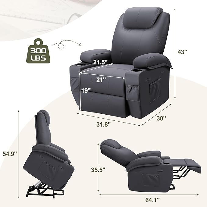 VICTONE Electric Power Lift Recliner Chair for Elderly Reclining Sofa for Living Room with Massage, Side Pockets and Cup Holders (Fabric, Navy Blue)