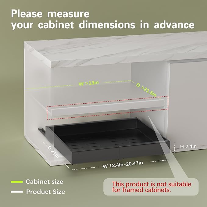 2 Pack Pull Out Cabinet Organizers 21"Deep with Raising Pad for Framed Cabinets,Expandable Slide Out Drawers Upgrade 3 Slide Rails,Roll Out Shelves Adhesive,Adjustable Width 12"-20.45" Black