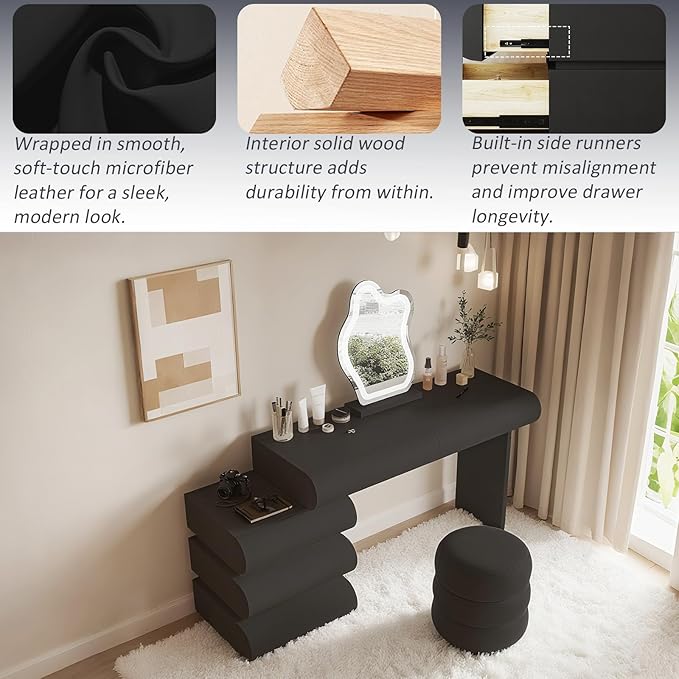 Makeup Vanity Desk with Lighted Mirror and Stool, Faux Leather Upholstered Finish, Modern Dressing Table with 5 Drawers for Bedroom and Makeup Room, Easy Assembly, Black