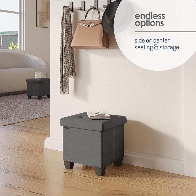 STORAGEBUD Storage Ottoman Cube with Small Bin, 15-in Square Ottoman with Storage for Living Room and Bedroom, Small Ottomans Foot Rest, Velvet Foot Stools Ottomans Max 330lbs, Grey