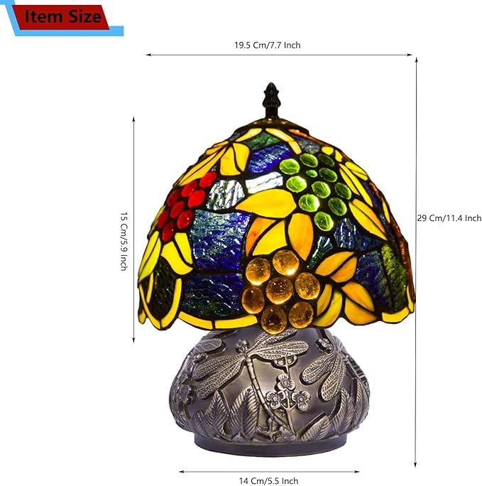 Small Tiffany Stained Glass Lamp, 3 Color Temperatures Bedside Lamp, 8 Inch Mushroom Desk Light for Bedroom Living Room Office Home Decor (Yellow Leaf Grapes)