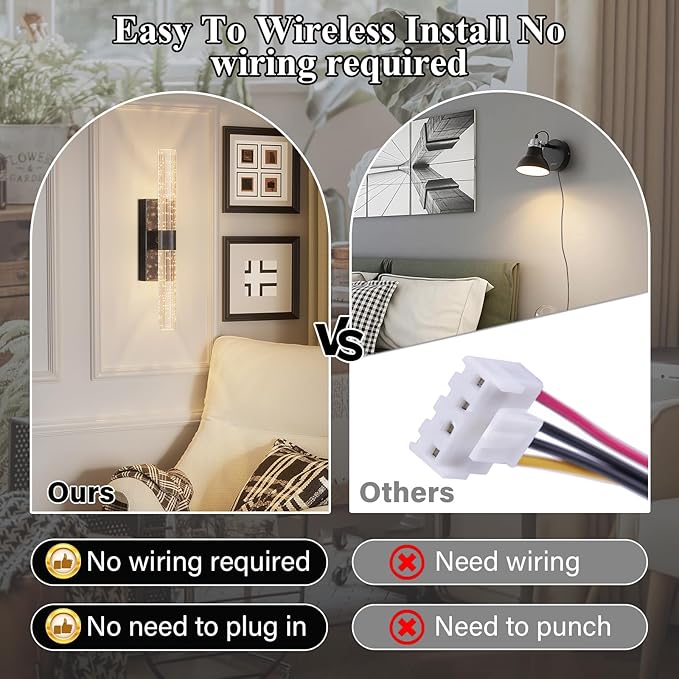 Battery Operated Black Wall Sconces Set of 2 Rechargeable Battery Powered Wall Light with 12000mAh Indoor Not Hardwired Dimmable Wall Lamp Fixtures for Bedroom Living Room 20.9 Inches