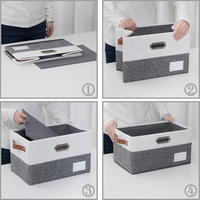 PRANDOM Foldable Storage Bins with Handles [3-Pack] Fabric Collapsible Storage Boxes Baskets Cubes Containers with Handles for Closet Living Room Bedroom (Grey & White 14.9x9.8x8.3'')