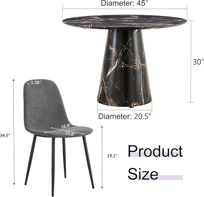 45 Inch Round Dining Table Set for 4, 5 Piece Kitchen Table and Chairs Set, Black Faux Marble Table Top, Small Space Dining Set for Apartment or Dining Room