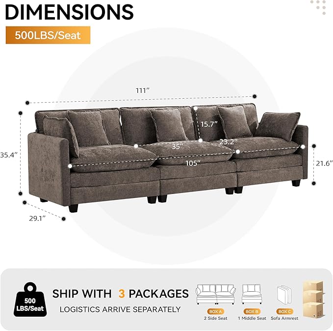 111'' Sectional Cloud Deep Seat Couch, Modern Comfy Chenille Modular Sectional Sofa for Living Room Set, Upholstered Modular 3-Seats Sofa Couch, Brown