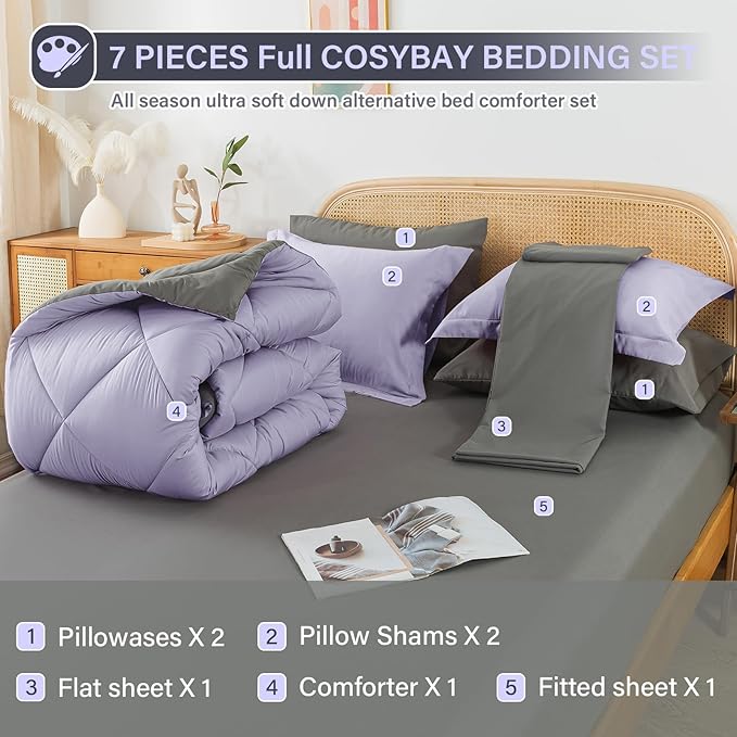 Cosybay Bed in a Bag Full Reversible Comforter Sets 7pcs All Season Down Alternative Bedding Sets Lavender and Grey with Comforter, Pillow Shams, Flat Sheet, Fitted Sheet and Pillowcase