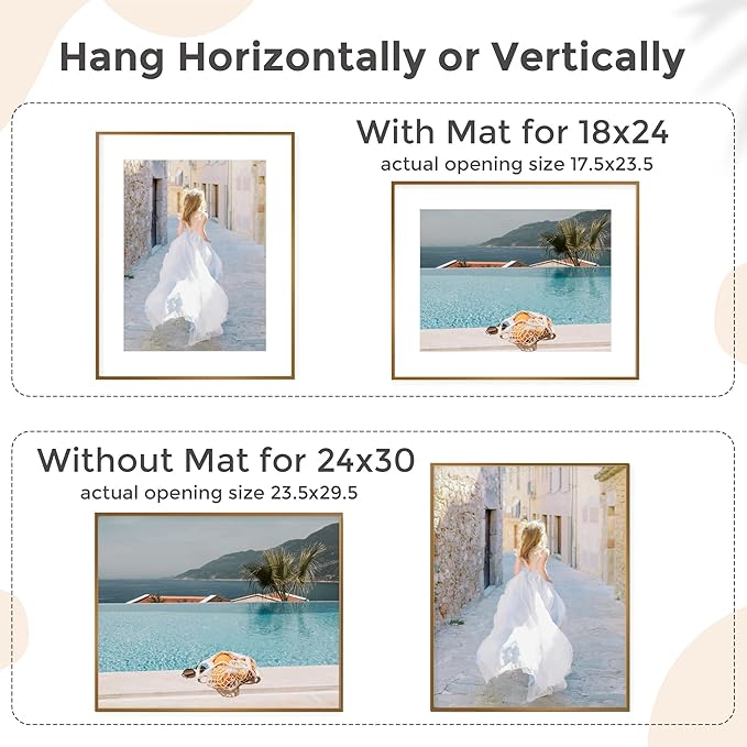 24x30 Metal Picture Frame for Wall With Mat for 18x24, 24''x30'' Aluminum Photo Frames With Tempered Glass for Home Decor, Minimalist Modern Poster Frame Horizontal And Vertical Formats, Bronze