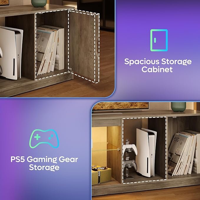 Bestier LED TV Stand for TVs up to 80 Inches, 70 Inch Entertainment Center with Adjustable Glass Shelves & Storage Cabinet for PS5 Xbox, Modern Media Console for Living Room & Bedroom, Washed Gray