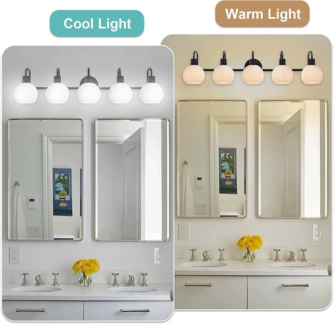 5-Lights Black Bathroom Light Fixture Over Mirror, Modern Milk White Globe Glass Wall Mounted Vanity Lighting E26 Socket for Living Room Kitchen Workshop