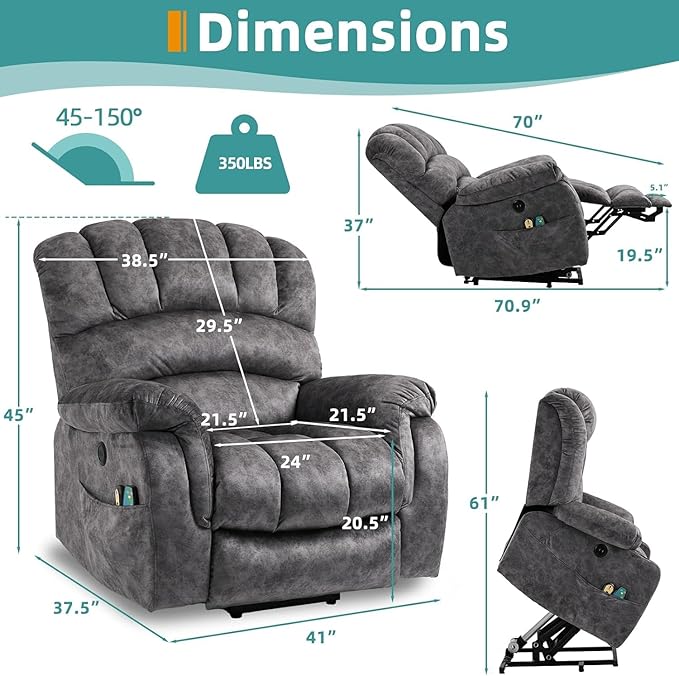 MEETWARM Large Power Lift Electric Recliner Chair with Extended Footrest for Elderly, Big and Tall Lift Chair for Seniors Reclining Chair with Vibration Massage and Heated, USB Ports(Plush-Grey)