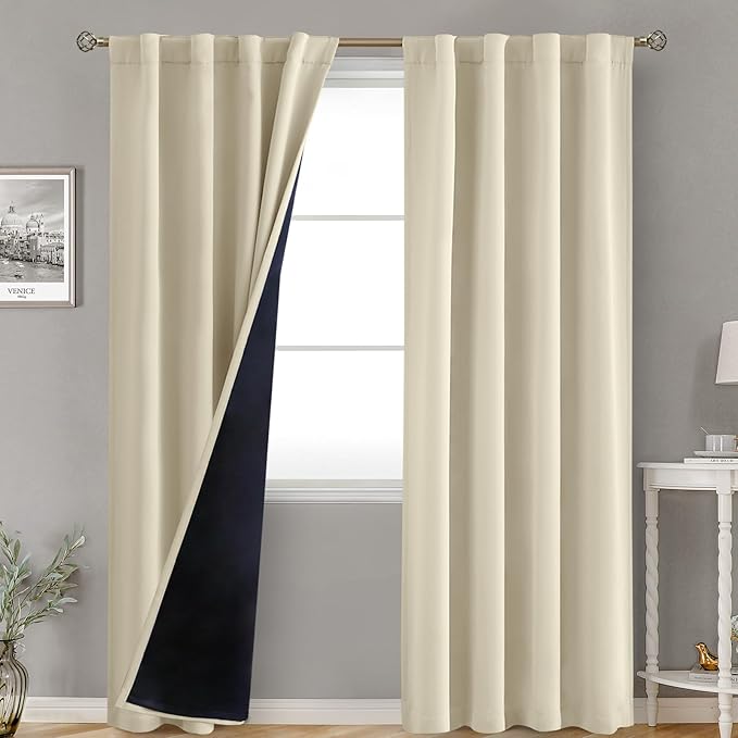 BGment Beige 100% Blackout Curtains for Bedroom, 84 Inch Length 2 Panels Set Black Out Living Room Panels with Thermal Liner, Rod Pocket and Back Tab Double Layer Room Darkening Drapes, 38 x 84 Inch