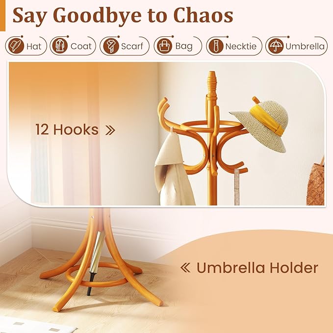Tangkula Coat Rack with Umbrella Holder, 73 Inch Freestanding Coat Hanger Stand with 12 Hooks, Wooden Entryway Coat Tree for Clothes, Bags, Hats, Scarves, Living Room, Bedroom, Hallway (Natural)