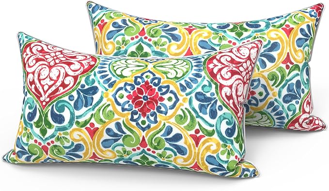 LVTXIII Set of 2 Outdoor Lumbar Pillows for Patio Furniture with White Piping, 12"x20" Fade Resistant Patio Lumbar Pillows with Inserts for Home Coach Sofa Use, Damask Red