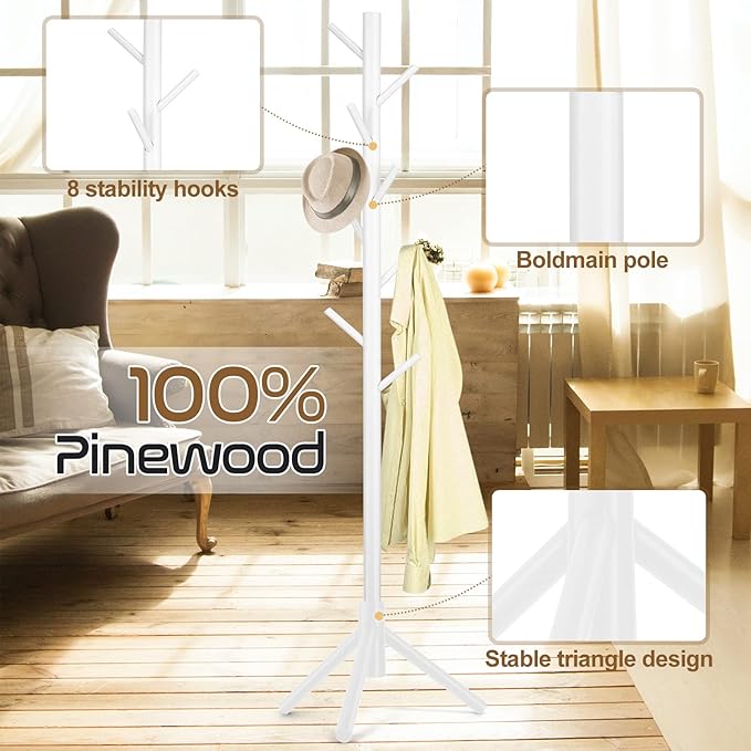 2PCS Solid Wooden Coat Rack Freestanding, New Zealand Pine Coat Tree with 8 Hooks & 3 Adjustable Sizes for Coats, Hats, Handbags and Scarves, Space Saving for Entryway/Office/Bedroom (White)