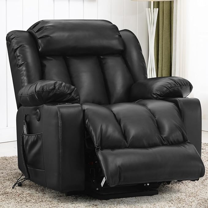 PARKOL Power Lift Recliner Chair for Elderly Breathable Leather Recliner Chair with Massage and Heat,2 Cup Holders,Electric Stand Assist,USB Ports,Gifts for Family (Black)