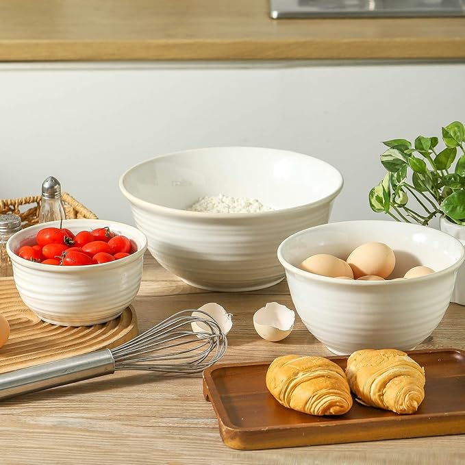 Hasense Mixing Bowls, Ceramic Serving Dishes for Cooking, Baking, Prepping, Nesting Bowls for Salads, Fruit, Popcorn, 2.1/1.5/1.0 Qt, Dishwasher & Microwave Safe, Clay-Infused White