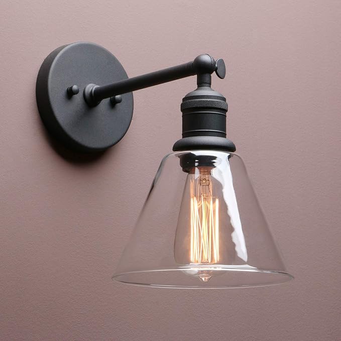 Yosoan Indoor Wall Sconce Fixture Light, 1-Light Modern Single Brass Vintage Industrial Hardwired with Funnel Flared Clear Glass Shade Lamp for Bathroom Sink Porch Kitchen Living Room(Black)