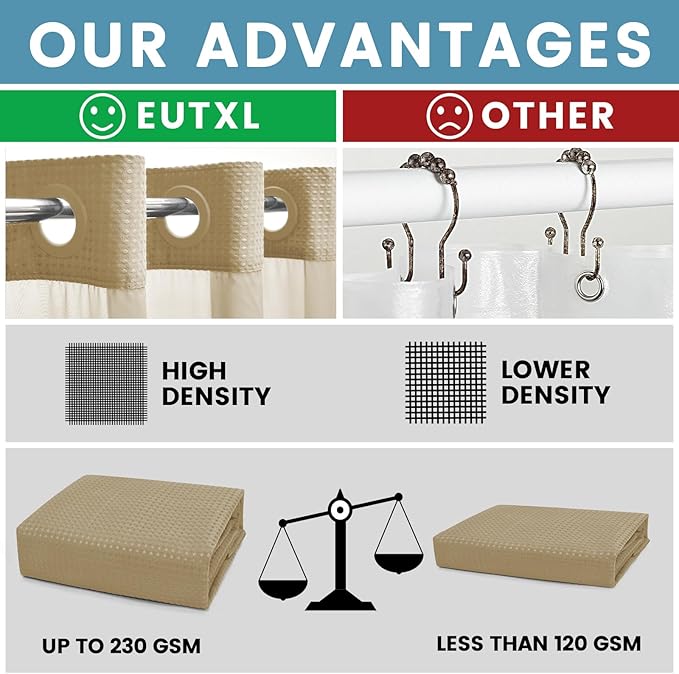 Beige Stall No Hook Shower Curtain with Snap in Liner,230GSM Waffle Weave Shower Curtains for Bathroom,54W x 80H