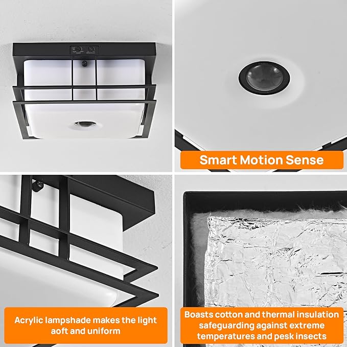 Motion Sensor Outdoor Ceiling Light Industrial Design with Acrylic Shade for Porch,Patio,Balcony,Garage,24W 5CCT LED Porch Ceiling Light