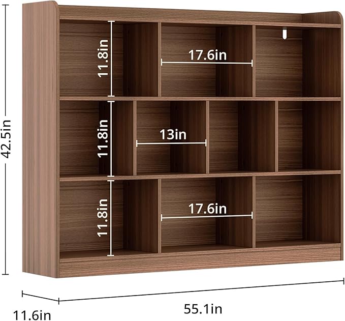 Brown Bookshelf, Wood Bookcase with 3 Tier Open Shelves, 10-Cube Minimalist Storage Shelf for Living Room, Bedroom, 55.1" W x 42.5" H