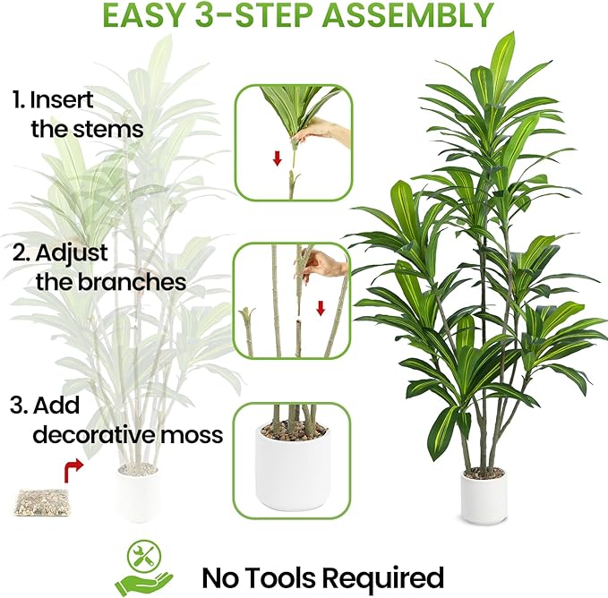Artificial Dracaena Tree 6FT Tall, Realistic Faux Indoor Floor Plant for Home & Office Decor, White Round Planter with Decorative Stones – UPBUD