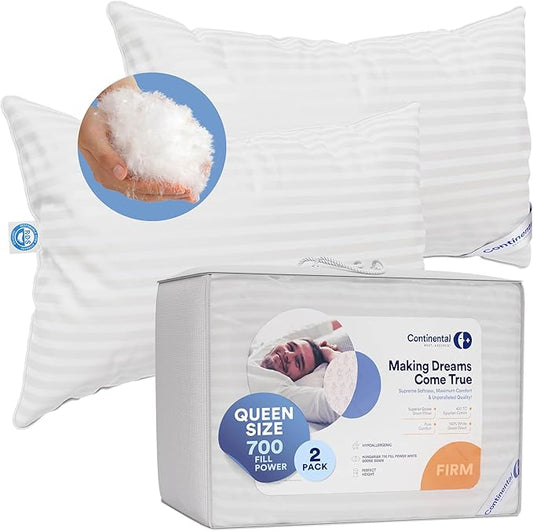 Continental Bedding | Serenity Goose Down Pillow | 700 Fill Power Hungarian White Down | 400TC Cotton Damask Shell | Made in USA | Firm, Queen (Pack of 2), 2 Count