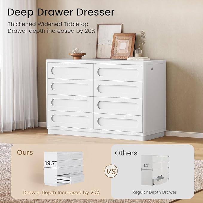 White Dresser for Bedroom with 8 Drawers, 47.2" Wide Dresser for Closet with Deep Drawer, Large Wood TV Stand, Modern Chest of Drawers for Bedroom, Hallway