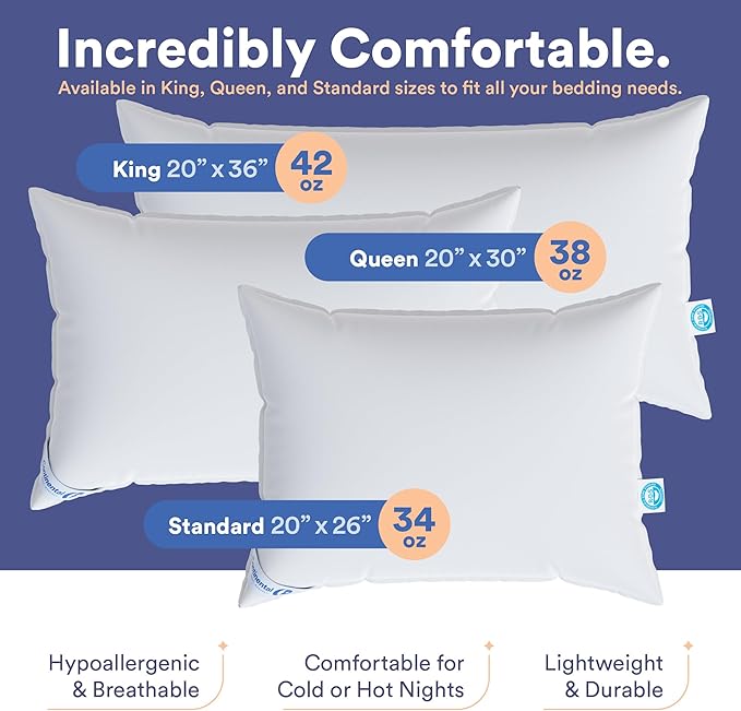 Continental Bedding Feather Goose Down Pillows - Luxury & Breathable Bed Pillows for Sleeping, Back, Side & Stomach Sleepers - Standard Size, Medium Support, Pack of 2-50% Down & 50% Feather Filled