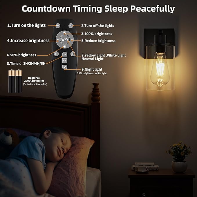 Battery Operated Wall Sconce with Remote Wall Light Rechargeable Wireless Cordless Led Glass Wall Lamp Indoor with 3 Color Temperature Dimmable E26 Edison Bulbs for Bedroom Bathroom Hallway Black