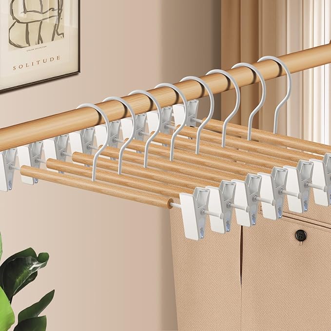 Wooden Pants Hangers with Clips 20 Pack Adjustable Wood Skirt Hangers for Women&Men Space Saving Closet Non Slip Clothes Hanger for Jeans,Trousers,Short,12Inch Natural