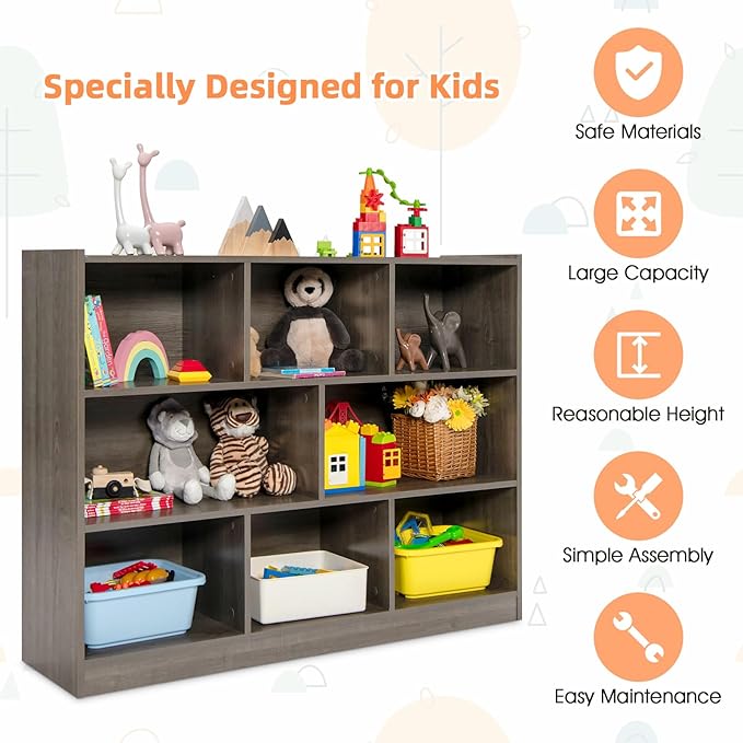 NAFORT 8-Cube Organizer Storage Cabinet, 3-Tier Bookshelf,Low Displaycase, Wooden Bookcase for Bedroom/Preschook/Classroom/Office, Gray