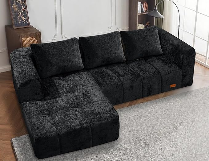 HABUTWAY 105" L-Shaped Modular Sectional Sofa, No Assembly Required Deep Seat Couch with 3 Pillows, Soft Fabric Upholstered, Modern Chaise Lounge for Living Room, Bedroom,Black